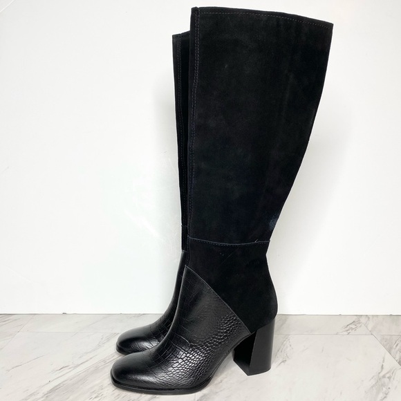 Dolce Vita Fynn Black Suede Crocodile Embossed Leather Heeled Tall Boot 7 1/2 - Picture 1 of 15